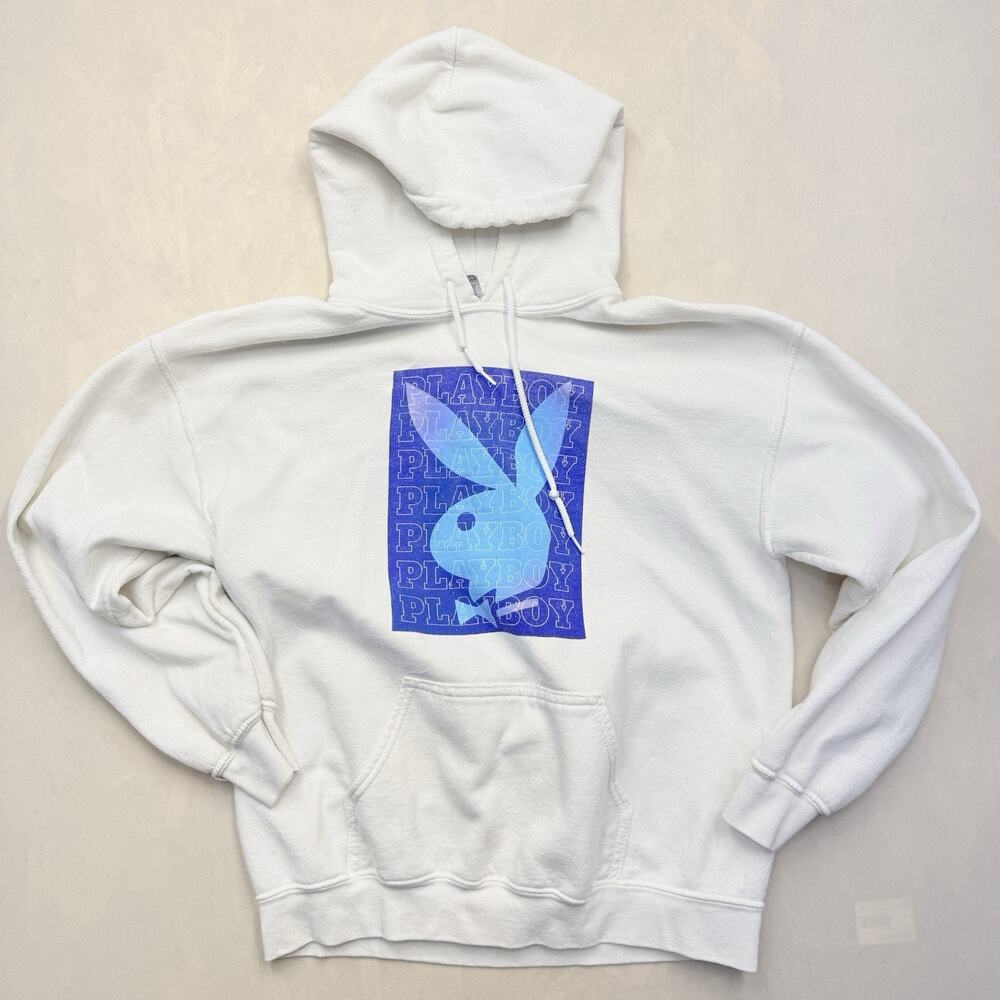 Playboy Pullover Hoodie M Gildan Heavy Blend White Spell Out Drawstring Vintage